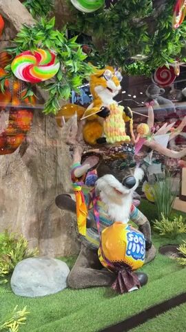 The video shows a whimsical display, likely in a store window, featuring stuffed animal characters arranged around a large, stylized tree. In the foreground, a grey wolf-like character with glasses sits, holding a colorful staff and a lollipop. Behind it, a fox character, also with glasses, is perched on a branch, appearing to knit. To the left, a bright orange snake-like character with a long tongue emerges from the foliage, and further left, a giraffe character in a red plaid shirt and striped socks stands near the tree. A dark brown bear character with a red and white striped face and a multicolored striped blanket or poncho on its back is positioned to the right of the giraffe, reaching towards the snake character. The tree is adorned with large, colorful spiral lollipops. The environment is lush with green artificial grass and ferns, and a large grey rock is present in the lower left corner. Reflections are visible in a glass surface in the foreground.