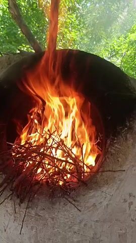 This is a close-up video of a fire burning in an outdoor oven. The fire is comprised of small twigs and branches, and it is burning intensely with bright orange and yellow flames. The oven appears to be made of clay or earth, with a rough, textured exterior. In the background, green foliage is visible, suggesting a natural setting. The camera is positioned in front of the oven, looking directly into the fire. There are no people or other objects visible in the frame. The lighting is natural and suggests daylight.