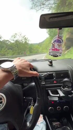 Driver navigates winding road through trees near Asenovgrad, Bulgaria