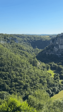 Elevated view captured of Rocamadour valley on sunny day