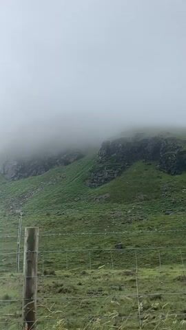 This media file captures a natural landscape scene in Newry, United Kingdom. The primary subject is a green, hilly terrain partially obscured by thick, white fog that covers the upper portions of the hills and the sky. The lower slopes of the hills are covered in lush green grass and scattered rocks, with some darker, rocky outcrops visible.

In the foreground, there is a wire fence with wooden posts, suggesting a boundary or enclosure. The fence is partially obscured by blades of grass and other low-lying vegetation. The overall impression is one of a slightly overcast or misty day, typical of a temperate climate, and the time of day is indeterminate due to the fog.

There are no visible people, animals, or specific objects that stand out, other than the natural elements of the landscape and the man-made fence. The scene conveys a sense of natural beauty, perhaps with a touch of mystery or solitude due to the fog. There is no visible text within the media file.