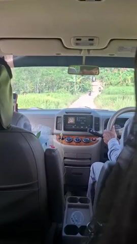 Here is a description of the video.

The video shows the interior of a car moving along a narrow dirt road through a lush, green rural environment. The camera is positioned from the back seat, providing a view of the front seats, the dashboard, and the road ahead through the windshield.

Two individuals are visible in the front seats: the driver, whose hands are on the steering wheel, wearing a light-colored shirt, and a passenger in the front seat, partially obscured by the headrest, holding a phone. The dashboard features a digital display showing an image and various controls.

The car is moving on a dirt road flanked by trees and vegetation. There are two people on motorbikes going down the road ahead of the car. The overall setting is rural, appearing to be in a tropical or subtropical region. The video appears to be taken during daylight hours.