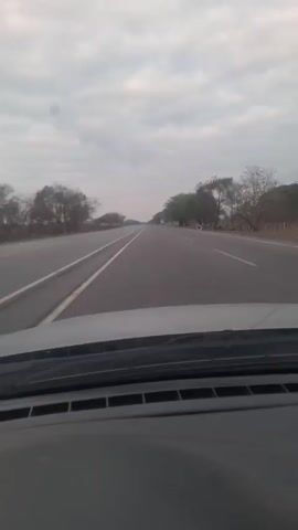 The video shows a view from inside a car driving on a highway. The road is straight and paved with two lanes in each direction. There is a white line separating the lanes. The sky is overcast with gray clouds. Trees line both sides of the road. In the distance, another vehicle can be seen traveling in the same direction. The car's dashboard is visible in the foreground.