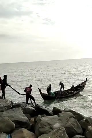 The video shows a group of people fishing from a boat near a rocky shoreline. The boat is a small, traditional-looking vessel, and the people are pulling a net from the boat towards the shore. There are several people on the rocks assisting with the net. The sea is calm and the sky is cloudy.  The water looks shallow near the shore.