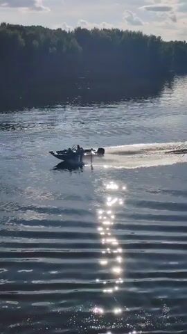 A wide shot shows a small, dark-colored boat with two occupants speeding across a body of water. The boat is creating a white spray as it moves. The water has ripples on its surface, and the sun is glinting off the water in the foreground. A dense forest lines the distant shore, and the sky above is blue with some scattered white clouds. The overall scene depicts a recreational activity on a sunny day.
