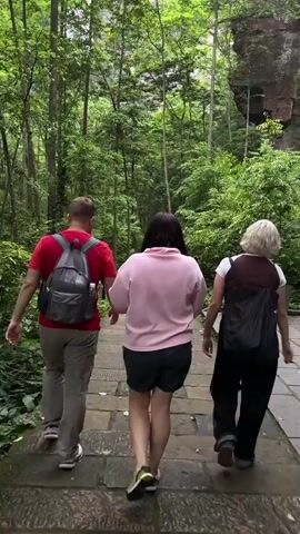 Three people walk away from the viewer on a paved path lined with trees. They are walking towards a tall rock formation, also lined with trees. The person on the left is wearing a red shirt, light khaki pants, and a gray backpack. The person in the middle is wearing a light pink sweatshirt, black shorts, and sneakers. The person on the right is wearing a maroon shirt, black pants, and a black tote bag slung over their shoulder. Other people are walking up ahead of the group. The sky is overcast.