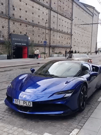 Blue Ferrari parked outside Rotermann City, Tallinn