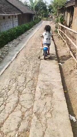 A child rides a small blue bicycle with training wheels down a narrow paved path through a rural village. The child, seen from behind, wears a white t-shirt with a dark design and dark shorts. They are riding away from the camera towards a gently sloping hill. The path is flanked by houses on either side, with lush green bushes lining the left side and a wooden fence and more houses on the right. The sky is clear and bright, suggesting a sunny day. The overall impression is one of a peaceful, everyday scene in a village setting.