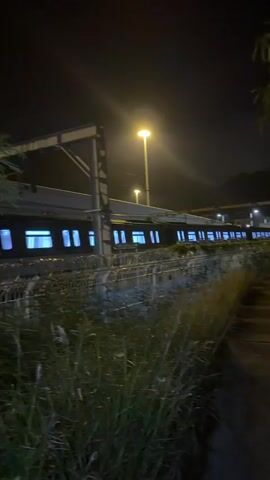 A nighttime scene at what appears to be a train station or maintenance yard. A train with illuminated windows is visible on tracks, moving or stationary. In the foreground, there is tall, dry grass and vegetation. A fence separates the vegetation from the train area, which includes a covered structure with tall lighting poles. The background shows a dark sky with some distant lights and possibly hills or mountains. There is a street or pathway to the right of the frame. The video captures the train and its surroundings under artificial lighting.