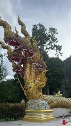 The video pans across a golden, multi-headed serpent statue in front of a large, ornate building nestled against a lush green mountain. The statue features a prominent, intricately detailed head with multiple serpent heads emerging from its neck, each with red tongues and sharp teeth. Its body is adorned with golden scales and peacock-feather-like designs. The building itself is a multi-tiered structure with spires and golden accents, exhibiting traditional Southeast Asian architecture. The surrounding environment appears to be a temple or religious site, with paved pathways and greenery. The sky is overcast, suggesting it might be a cloudy day. The video captures the scale and elaborate artistry of the dragon statue and the impressive architecture of the building.