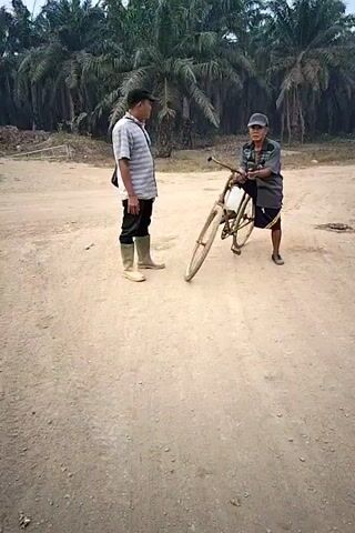 The video shows two men standing on a dirt road. The man on the left is wearing a striped shirt, black pants, and tall boots. He has a bag slung across his chest. The man on the right is older, wearing a gray shirt and a cap. He is holding onto the handlebars of a vintage bicycle. The bicycle is leaning against him, with its front wheel slightly turned. Both men are looking at each other, and it appears they are in conversation. Behind them, there is a line of palm trees. In the distance, another man is riding a motorcycle. The ground is dusty and uneven, suggesting a rural or agricultural setting. The lighting indicates it is daytime, likely overcast or early morning/late afternoon.