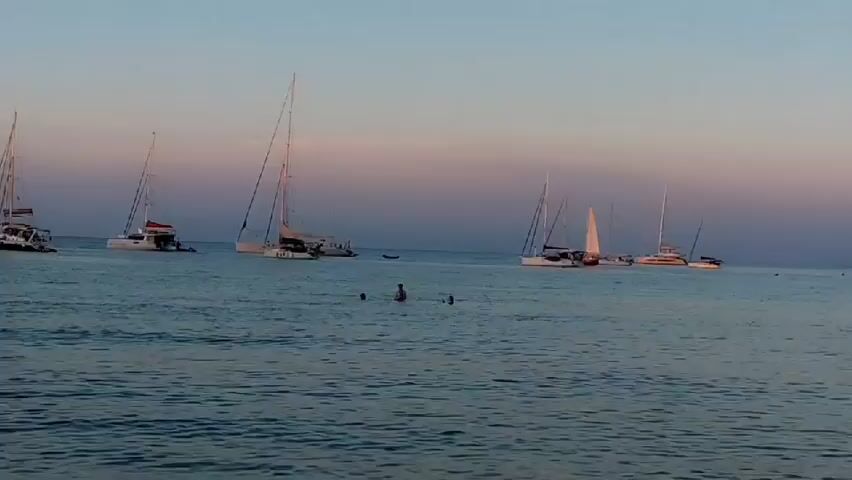 The video captures a serene twilight scene at San Vito Lo Capo, Italy. The calm, blue sea is dotted with several sailboats and catamarans anchored offshore. A few people are visible swimming or wading in the water, enjoying the tranquil atmosphere. The sky displays a gentle gradient of soft colors, transitioning from a pale blue near the horizon to hues of pink and purple, indicating either sunrise or sunset. The overall mood is peaceful and relaxed, suggesting a pleasant evening by the coast. There is no visible text in the video.