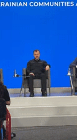 Conference panel discussion held in Kyiv featuring bearded speaker