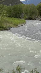 Two-toned rivers merge at Pasanauri, Georgia confluence