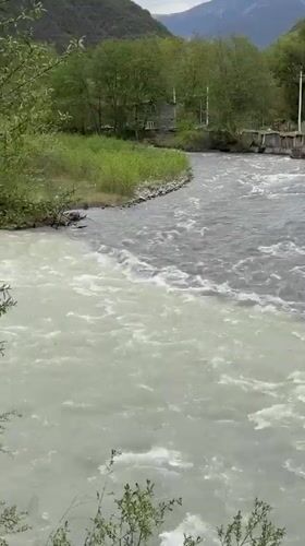 Two-toned rivers merge at Pasanauri, Georgia confluence