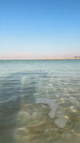 This is a vertical, point-of-view shot taken from within the clear, shallow waters of the Dead Sea. The water is calm, with gentle ripples and occasional small bubbles of foam on the surface. Sunlight penetrates the water, illuminating the sandy, mineral-rich seabed beneath, creating a shimmering, textured pattern.

In the distance, a flat, sandy shoreline stretches across the frame, backed by low, mountainous terrain. A few distant structures, possibly buildings or resorts, are visible along the coast. A pale, crescent moon is faintly visible in the clear, bright blue sky.

There are a few people visible in the water further out from the viewer, appearing to be swimming or floating. The overall scene suggests a warm, sunny day, likely late morning or early afternoon given the bright sunlight and clear sky. The location cues, such as the unique appearance of the Dead Sea and the distant mountainous landscape, point to the Tamar Regional Council area in Israel. The serene environment and the inviting water evoke a sense of relaxation and enjoyment of a natural wonder. No text is visible in the media.