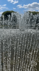 Woman documents sunny park visit with selfies and fountain views