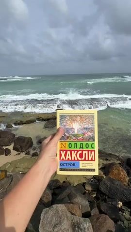 A person's arm and hand are visible in the foreground, holding up a book titled "Island" by Aldous Huxley. The book has a yellow cover with colorful text and an image of a radiant sun or light source. The background features a rocky coastline with waves crashing on the shore and a cloudy sky. The scene appears to be a beach or a seaside location.