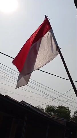The video shows a flag flying from a pole against a bright sky. The flag is red and white. The sun is visible in the upper left corner of the frame. Power lines run horizontally across the middle of the frame. In the lower part of the frame, there is the dark silhouette of a roof or building. The flag appears to be waving in the wind.