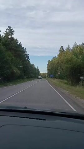 The video shows a view from inside a car driving on a paved road through a forest. On the left side of the road, there are dense trees. On the right side, there are also dense trees, and a signpost is visible with blue text and arrows. Two white trucks and a white SUV are seen on the road ahead. The sky is cloudy. The road has white lane markings.