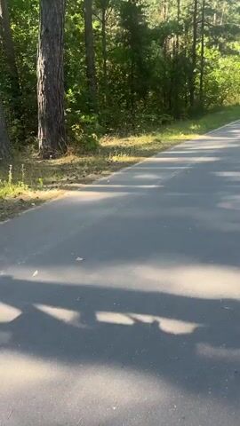 A young boy in a white t-shirt and black shorts rides a scooter on a paved path. He is on the left side of the path, and the path is bordered by trees on the left and a grassy area on the right. The sun is shining, casting shadows on the path. In the background, another person on a scooter is visible further down the path, and there are more trees. The video is shot from a slightly elevated position, looking down at the boy and the path.