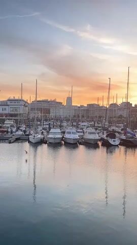 The video shows a harbor at sunset. Numerous boats are docked in the water, their reflections visible on the calm surface. In the background, buildings line the waterfront, and the sky is painted with warm hues of orange and pink from the setting sun. The scene appears peaceful and serene, capturing the beauty of a coastal city during twilight.