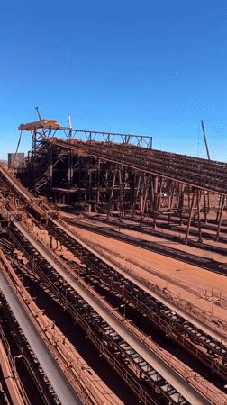 Iron ore mining operation seen from the air, Newman WA
