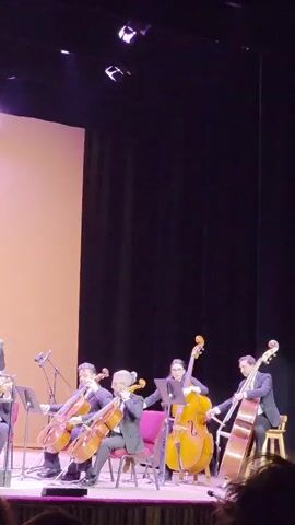 A low-angle shot shows a string quartet performing on a stage. The stage is lit from above and features a black curtain backdrop and a peach-colored side panel. Four musicians are seated on chairs, each playing a cello or double bass. The musicians are dressed in formal attire, including suits and ties. A microphone stand is positioned in front of the leftmost musician. The lighting creates strong shadows on the stage and the musicians. The overall atmosphere is one of a formal musical performance.