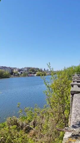 The video presents a scenic view of a wide river under a clear, bright blue sky. On the opposite bank of the river, a town with buildings and some trees is visible. A red and white boat is docked along the riverbank. The foreground features a concrete wall with some green vegetation growing near it. The camera remains static, providing a steady shot of the peaceful scene.