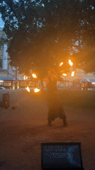 Fire performer draws crowds at dusk in Saint Petersburg