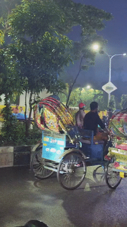 Decorated rickshaws on a Dhaka street at night