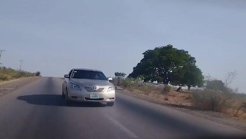 Here is a forensic description of the scene: 

The video shows a gold Toyota Camry driving down a two-lane asphalt highway. The sky is clear and the terrain around the road is dry and grassy, with sparse trees. In the distance, a truck with several passengers is driving ahead of the Camry. There are utility poles visible along the side of the road. The road is relatively straight and slopes uphill slightly in the distance.