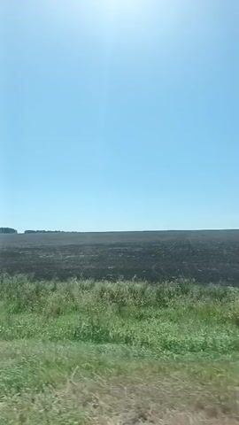 The video captures a view of a freshly plowed field under a clear blue sky. The field appears dark, suggesting it has been tilled. In the foreground, there is a strip of green grass and dry brush. The sun is visible as a bright glare in the upper left corner of the frame. The scene is consistent with an agricultural landscape, possibly during the planting or post-harvest season.
