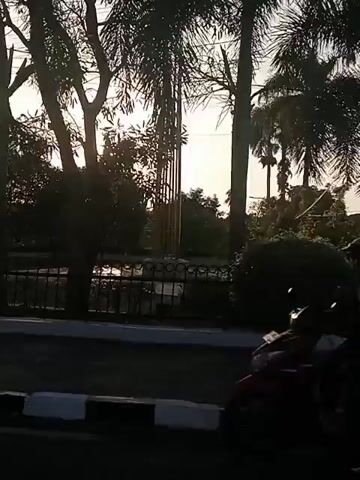 The video opens with a shot of palm trees silhouetted against a bright sun. As the camera pans to the right, a road with a median strip appears. The sun continues to shine intensely, creating a lens flare effect. A motorcycle is seen passing by on the road. Further down the road, there are more trees, power lines, and what appears to be a building or structure. The video then cuts to a view of a paved area with a low blue and white barrier. Trees and some sort of metal structure are visible in the background. The video concludes with a view of the paved area and the barrier.
