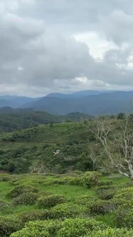 The camera slowly pans across a mountainous landscape, covered in lush green vegetation and trees, under a cloudy sky.  In the distance, more mountains fade into the horizon, while a small town or settlement is visible nestled among the hills.
