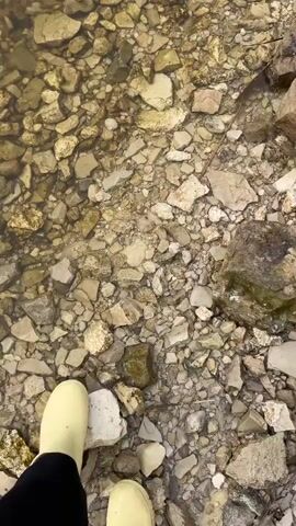 The video shows a person wading in shallow water near a rocky shoreline. The person is wearing light-colored rubber boots and black pants. The water is clear enough to see the rocks and pebbles on the bottom. The shoreline is composed of small to medium-sized rocks and dirt. Beyond the shoreline, there is vegetation including short green trees. The sky is cloudy and the overall impression is one of a cool day.