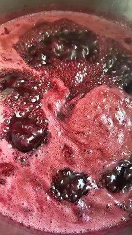 The video shows a close-up view of a dark red, viscous liquid with visible bubbles and some solid pieces, appearing to be fruit. The liquid is actively boiling in what looks like a pot. The bubbles are popping and the liquid is churning, creating a foamy texture on the surface. The color is a deep, saturated red, suggesting the presence of berries or a similar fruit. The overall impression is of a cooking process, likely jam or preserves being made.