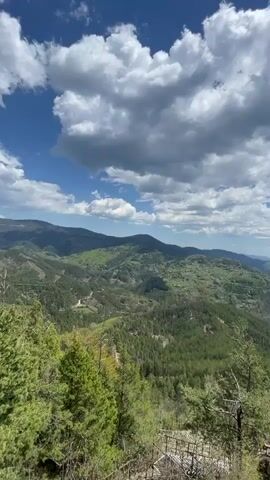 The video shows a wide, panoramic view of a mountain range under a partly cloudy, blue sky. The mountains are covered in dense, green forest, with some lighter green patches interspersed. In the foreground, there are trees and shrubs growing on a rocky outcrop. As the camera pans out, some dead trees with bare branches are revealed on the right side of the frame. The clouds are scattered, with patches of blue sky visible in between. The overall scene is peaceful and serene, showcasing the natural beauty of the mountain landscape.