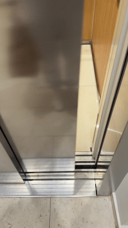 Woman spotted in wood-paneled elevator in Budva, Montenegro