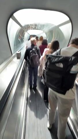 A group of people stand on a moving walkway inside of a transparent tunnel with a white, frosted dome. They are moving forward slowly, generally facing the same direction, toward the end of the tunnel. Most are wearing backpacks. The ceiling is supported by a metal frame. The walls are translucent, allowing the outline of people standing on the other side to be seen.