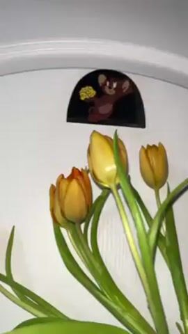 A low-angle shot reveals a bunch of yellow and orange tulips with green stems, positioned in front of a white wall. Above the tulips, a black semi-circular decoration with an image of Jerry, the cartoon mouse from "Tom and Jerry," holding a piece of cheese, is affixed to the wall. The scene appears to be indoors, with soft lighting.