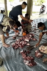 Men process meat outdoors in Meunasahalue, Indonesia