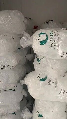 The video shows a freezer stocked with large bags of ice. The ice bags on the left have cartoon faces printed on them, while the bags on the right have the logo for "Fresh Ice Company." The words "Hielo con Calidad" can be seen in small print. The bags are tightly packed together. The freezer walls are grey.