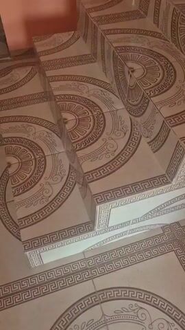 The video shows a close-up, high-angle view of a tiled floor with a geometric pattern. The tiles are square, cream-colored, and decorated with concentric circles and a meander border design in brown. The pattern suggests a classical or traditional style. The tiles are laid out in a grid. In the center of the frame, a reflective, metallic object, possibly a piece of metal trim or a fixture, is positioned vertically, crossing over several tiles. The surface of this object reflects the patterned tiles and creates a visual interruption in the floor's design. The lighting appears to be artificial and casts subtle shadows. The scene is static, with no discernible movement. The overall impression is of an interior space, likely a floor in a building.