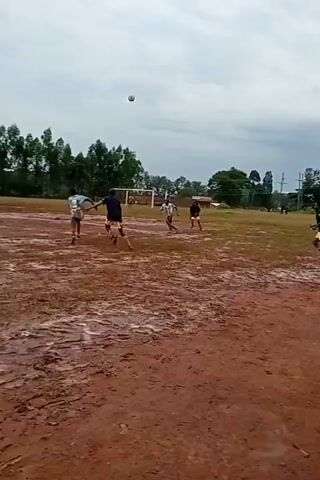 The video shows a soccer game in progress on a muddy field. Several players are running around, attempting to kick the ball. The field is covered in deep mud and puddles. There are trees lining the edges of the field. A goal is visible in the distance. The sky is overcast. The camera is static, and the video appears to be handheld. The game is being played despite the poor field conditions.