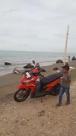 A young boy stands next to a red scooter on a sandy beach. The ocean is visible in the background, with a few people walking in the water. There are also some small huts and trees along the coastline. The camera pans to the right, revealing more of the beach and a calm body of water with some vegetation.