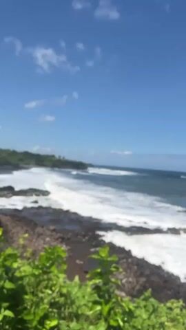 This is a short, blurry video clip of a rocky shoreline with waves crashing on the shore. The sky is blue with a few scattered clouds. Green foliage is visible in the foreground. The video appears to have been filmed on a sunny day.