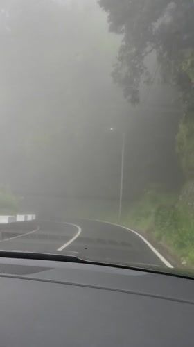 Driver encounters heavy fog on winding road in Santana