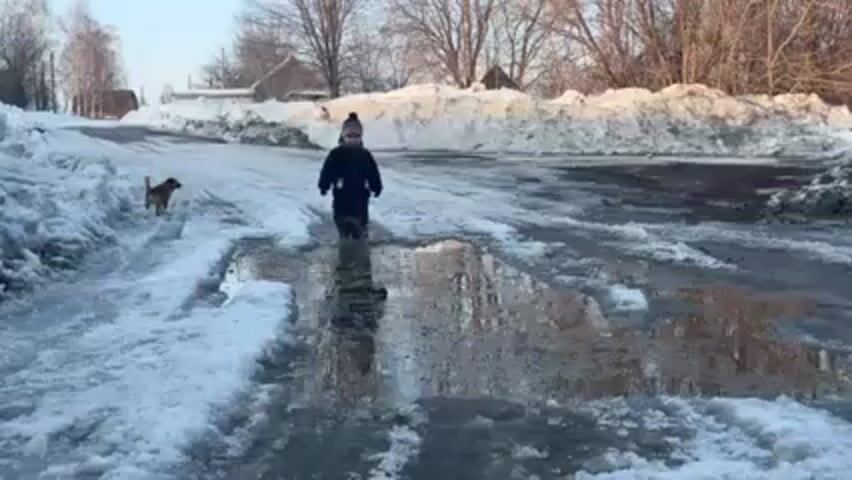 A child wearing a black jacket, black pants and a patterned hat stands in a puddle in the middle of a snow-covered street.  The puddle reflects the child's image.  A small brown dog stands in the background to the left of the child.  There are large snowbanks on either side of the street, and a building and trees are visible in the distance.  The day is sunny and bright.
