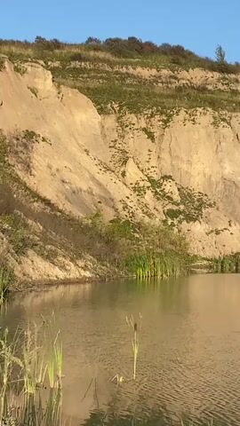 A still body of water reflects the sunlit sky and a tall, eroded cliff face covered in sparse green vegetation. Tall reeds grow along the edge of the water in the foreground, some of which are bent or broken. The water has a slightly muddy appearance and is rippled by a gentle breeze. The cliff face is a mix of sandy soil and exposed rock, with visible layers and striations. The sky above is a clear, bright blue. The overall impression is one of natural beauty and tranquility, with a hint of ruggedness from the cliff.